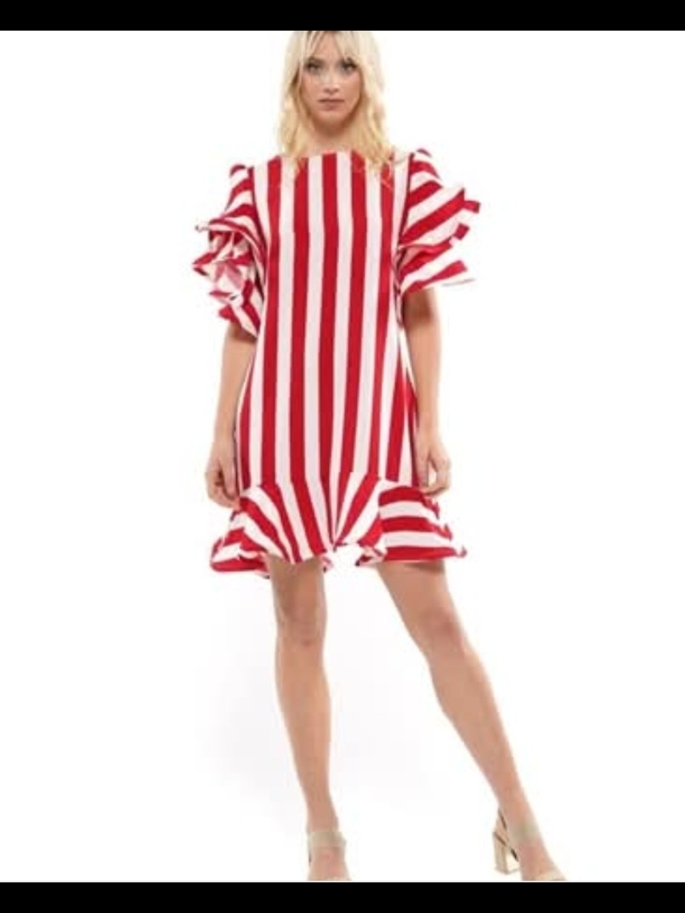 Red & White Striped Ruffle-Sleeve Tunic Dress